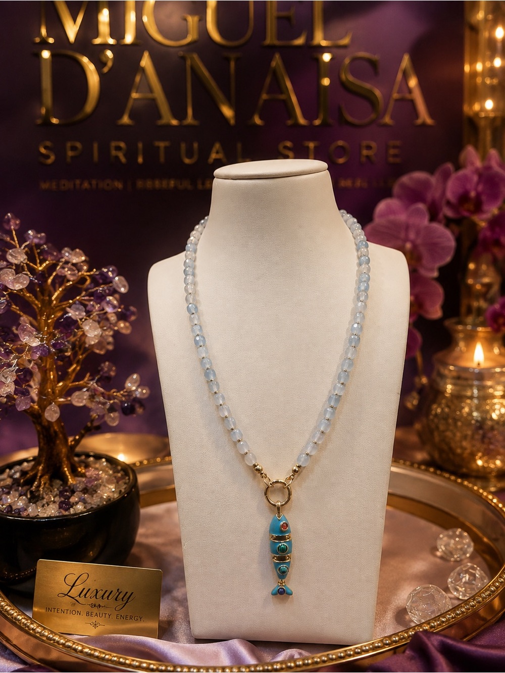 Luxury Blue Beaded Necklace with Turquoise Fish Pendant